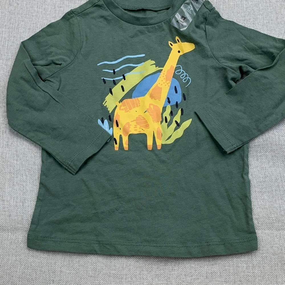 Green Long Sleeve Kids Tee with Giraffe Print Size 2T